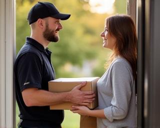 Courier handing package to recipient at doorstep